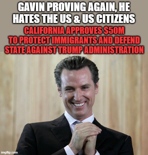 Hes a AMERICAN HATER | GAVIN PROVING AGAIN, HE HATES THE US & US CITIZENS; CALIFORNIA APPROVES $50M TO PROTECT IMMIGRANTS AND DEFEND STATE AGAINST TRUMP ADMINISTRATION | image tagged in scheming gavin newsom | made w/ Imgflip meme maker