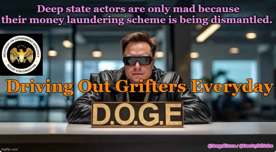 DOGE - Driving Out Grifters Everyday | Deep state actors are only mad because their money laundering scheme is being dismantled. Driving Out Grifters Everyday; @SongofGrace / @OneJoyfulNoise | image tagged in doge | made w/ Imgflip meme maker