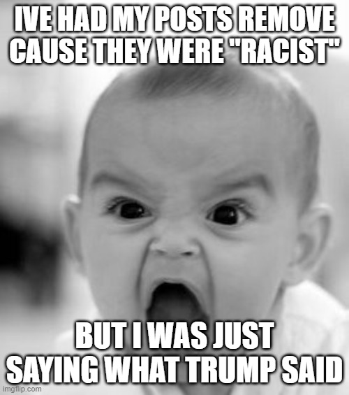 At 10 upvotes i will post on politics stream | IVE HAD MY POSTS REMOVE CAUSE THEY WERE "RACIST"; BUT I WAS JUST SAYING WHAT TRUMP SAID | image tagged in memes,angry baby | made w/ Imgflip meme maker