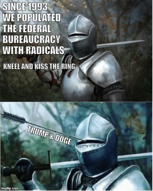 Kneel and kiss the ring | SINCE 1993 WE POPULATED THE FEDERAL BUREAUCRACY WITH RADICALS; KNEEL AND KISS THE RING; TRUMP & DOGE | image tagged in knight with arrow in helmet | made w/ Imgflip meme maker