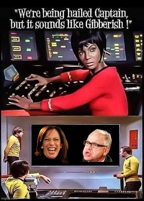 Never gets old | image tagged in star trek uhura sounds like gibberish,kamala harris,tim walz,political meme | made w/ Imgflip meme maker