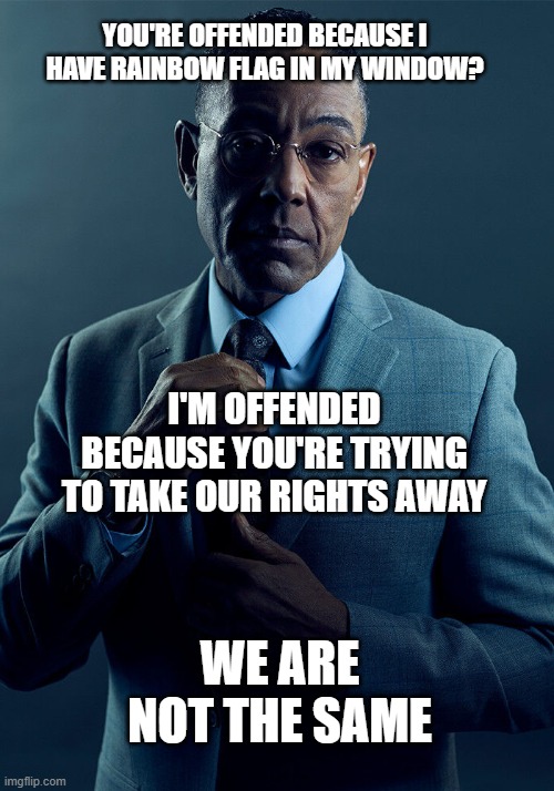 A message to conservatives. | YOU'RE OFFENDED BECAUSE I HAVE RAINBOW FLAG IN MY WINDOW? I'M OFFENDED BECAUSE YOU'RE TRYING TO TAKE OUR RIGHTS AWAY; WE ARE NOT THE SAME | image tagged in gus fring we are not the same,memes,political meme,conservatives,lgbtq | made w/ Imgflip meme maker