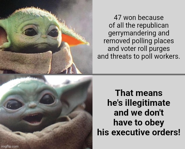 Unpresidented | 47 won because of all the republican gerrymandering and removed polling places and voter roll purges and threats to poll workers. That means he's illegitimate and we don't have to obey his executive orders! | image tagged in sudden realization,you're not the boss of me,disobey,illegitimate,annul the 2024 election,8647 | made w/ Imgflip meme maker