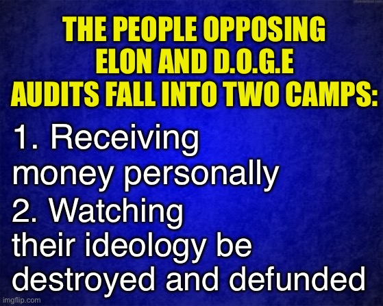 Opposing an audit automatically makes you guilty in most people’s eyes | THE PEOPLE OPPOSING ELON AND D.O.G.E AUDITS FALL INTO TWO CAMPS:; 1. Receiving money personally; 2. Watching their ideology be destroyed and defunded | image tagged in blue background,stupid people,government corruption | made w/ Imgflip meme maker