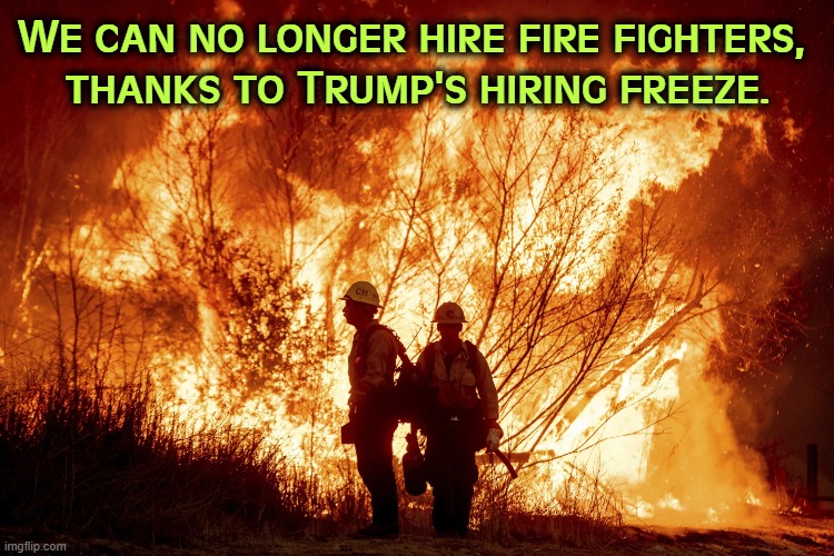 We can no longer hire fire fighters, 
thanks to Trump's hiring freeze. | image tagged in trump,hiring freeze,fireman,wildfires | made w/ Imgflip meme maker