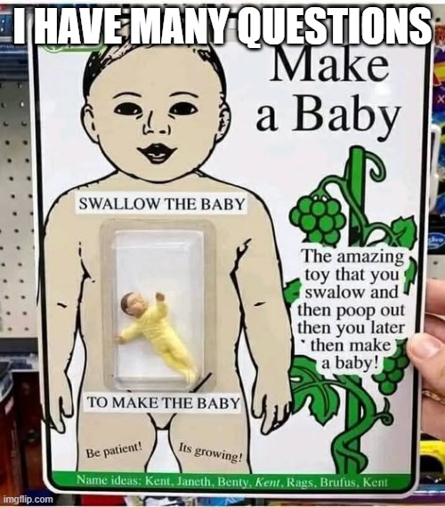 Make a Baby | I HAVE MANY QUESTIONS | image tagged in unsee juice | made w/ Imgflip meme maker