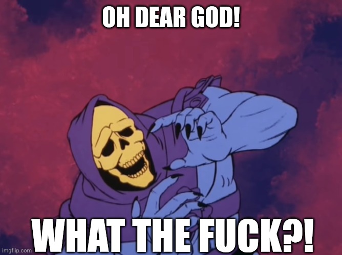 Skeletor | OH DEAR GOD! WHAT THE FUCK?! | image tagged in skeletor | made w/ Imgflip meme maker