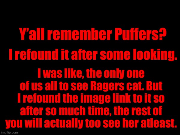 I found the image. | Y’all remember Puffers? I refound it after some looking. I was like, the only one of us all to see Ragers cat. But I refound the image link to it so after so much time, the rest of you will actually too see her atleast. | made w/ Imgflip meme maker