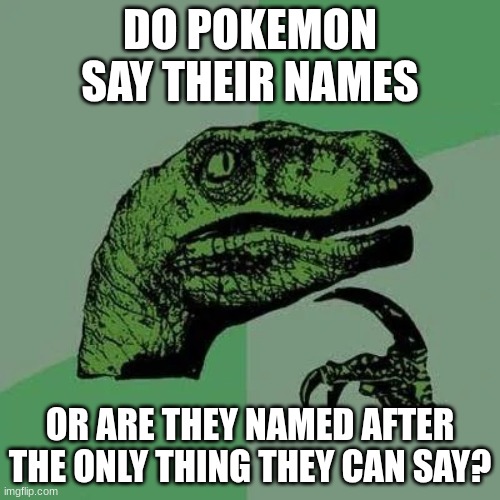 raptor asking questions | DO POKEMON SAY THEIR NAMES; OR ARE THEY NAMED AFTER THE ONLY THING THEY CAN SAY? | image tagged in raptor asking questions | made w/ Imgflip meme maker