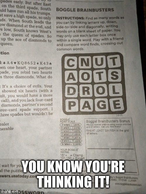 Boggle | YOU KNOW YOU'RE THINKING IT! | image tagged in words | made w/ Imgflip meme maker