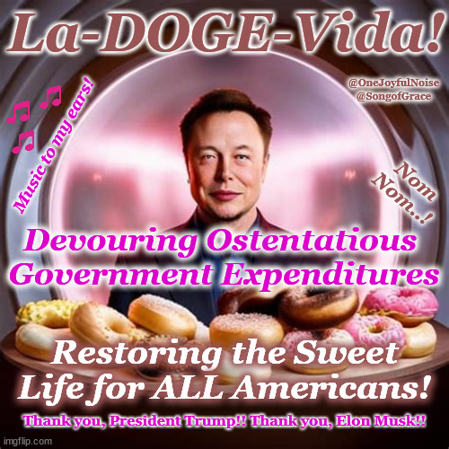 La-DOGE-Vida! | La-DOGE-Vida! @OneJoyfulNoise @SongofGrace; Music to my ears! Nom
Nom..! Devouring Ostentatious 
Government Expenditures; Restoring the Sweet Life for ALL Americans! Thank you, President Trump!! Thank you, Elon Musk!! | image tagged in la dolce vida | made w/ Imgflip meme maker