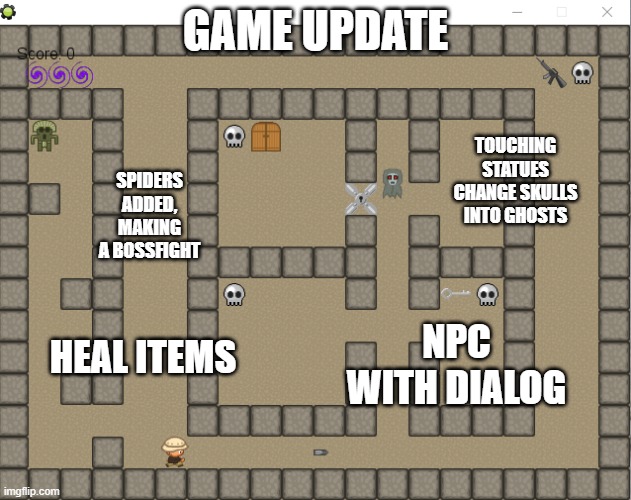 game update #1 (school project) | GAME UPDATE; TOUCHING STATUES CHANGE SKULLS INTO GHOSTS; SPIDERS ADDED, MAKING A BOSSFIGHT; HEAL ITEMS; NPC WITH DIALOG | image tagged in grimnemo game | made w/ Imgflip meme maker