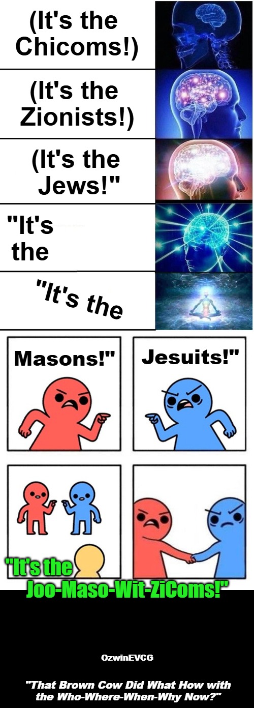 "That Brown Cow Did What How with the Who-Where-When-Why Now?" | (It's the 

Chicoms!); (It's the 

Zionists!); (It's the 

Jews!"; "It's 

the; "It's the; Masons!"; Jesuits!"; "It's the                                               

Joo-Maso-Wit-ZiComs!"; OzwinEVCG; "That Brown Cow Did What How with

the Who-Where-When-Why Now?" | image tagged in silly,political humor,debate,civilized discussion,power pyramid,new world order | made w/ Imgflip meme maker