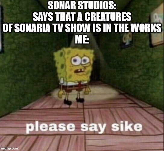 please say sike | SONAR STUDIOS: SAYS THAT A CREATURES OF SONARIA TV SHOW IS IN THE WORKS
ME: | image tagged in please say sike | made w/ Imgflip meme maker