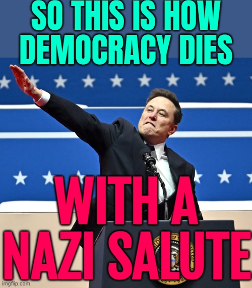 So This Is How Democracy Dies; With A Nazi Salute | SO THIS IS HOW
DEMOCRACY DIES; WITH A
NAZI SALUTE | image tagged in elon musk nazi salute,i love democracy,elon musk,nazi clown,nazis,donald trump | made w/ Imgflip meme maker