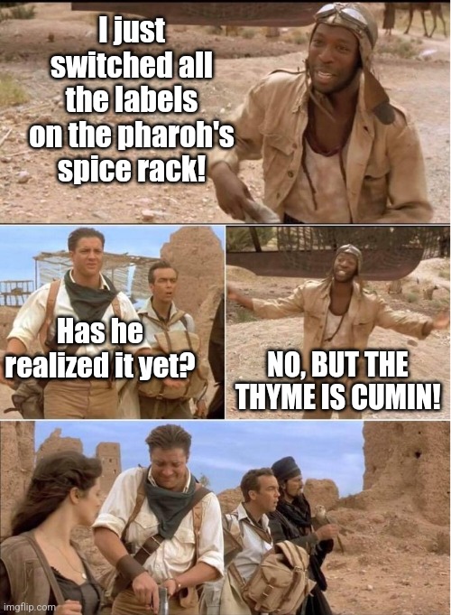 Spicing it up a bit! | I just switched all the labels on the pharoh's spice rack! Has he realized it yet? NO, BUT THE THYME IS CUMIN! | image tagged in brendan fraser's bad pun reaction,switch,spice,labels,bad jokes | made w/ Imgflip meme maker