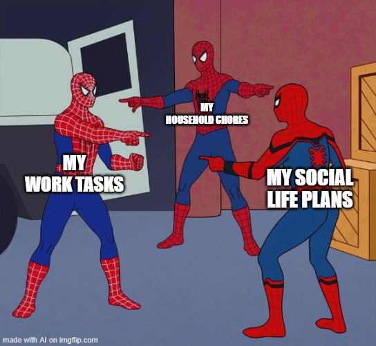 Spider Man Triple | MY HOUSEHOLD CHORES; MY WORK TASKS; MY SOCIAL LIFE PLANS | image tagged in spider man triple | made w/ Imgflip meme maker