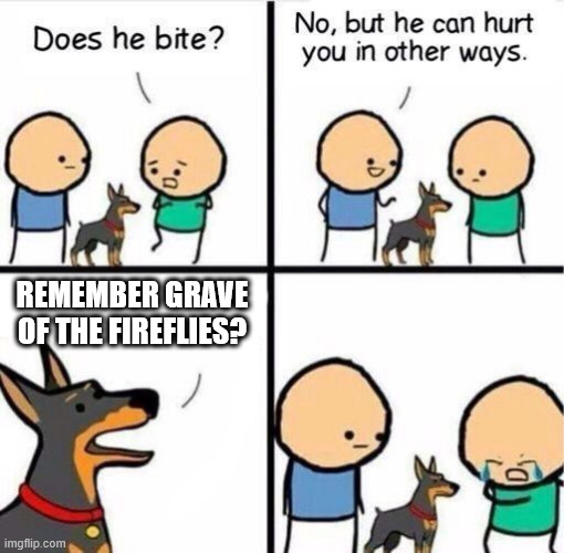 Does he bite? | REMEMBER GRAVE OF THE FIREFLIES? | image tagged in does he bite,studio ghibli,anime | made w/ Imgflip meme maker