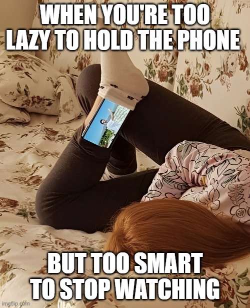 too lazy too smart | WHEN YOU'RE TOO LAZY TO HOLD THE PHONE; BUT TOO SMART TO STOP WATCHING | image tagged in memes | made w/ Imgflip meme maker