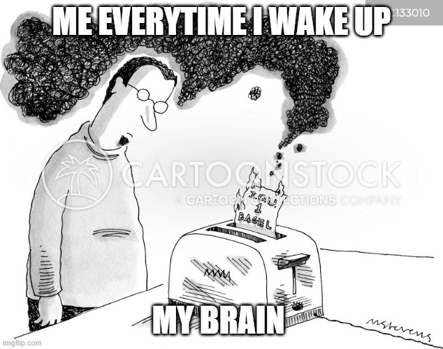 toasty dissapointment | ME EVERYTIME I WAKE UP; MY BRAIN | image tagged in toasty dissapointment | made w/ Imgflip meme maker