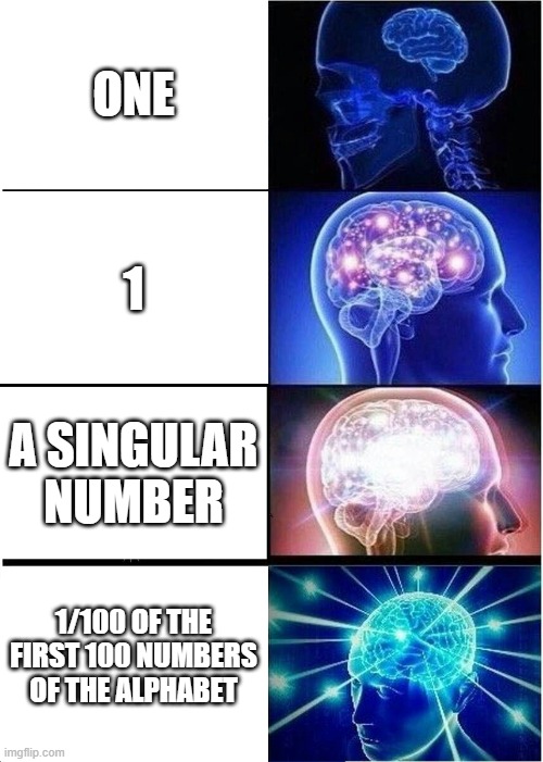 Expanding Brain Meme | ONE; 1; A SINGULAR NUMBER; 1/100 OF THE FIRST 100 NUMBERS OF THE ALPHABET | image tagged in memes,expanding brain | made w/ Imgflip meme maker