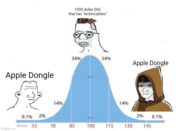 Bell Curve | 1000 dollar DAC that has "technicalities"; Apple Dongle; Apple Dongle | image tagged in bell curve | made w/ Imgflip meme maker