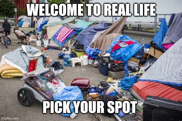 HOMELESS CAMP | WELCOME TO REAL LIFE PICK YOUR SPOT | image tagged in homeless camp | made w/ Imgflip meme maker