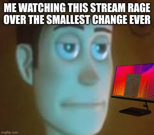 It's not that deep, it's only a color change | ME WATCHING THIS STREAM RAGE OVER THE SMALLEST CHANGE EVER | image tagged in disappointed woody | made w/ Imgflip meme maker