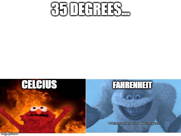 fun stream ahh meme, ik | 35 DEGREES... CELCIUS; FAHRENHEIT | made w/ Imgflip meme maker