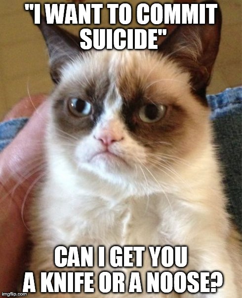 Grumpy Cat | "I WANT TO COMMIT SUICIDE" CAN I GET YOU A KNIFE OR A NOOSE? | image tagged in memes,grumpy cat | made w/ Imgflip meme maker