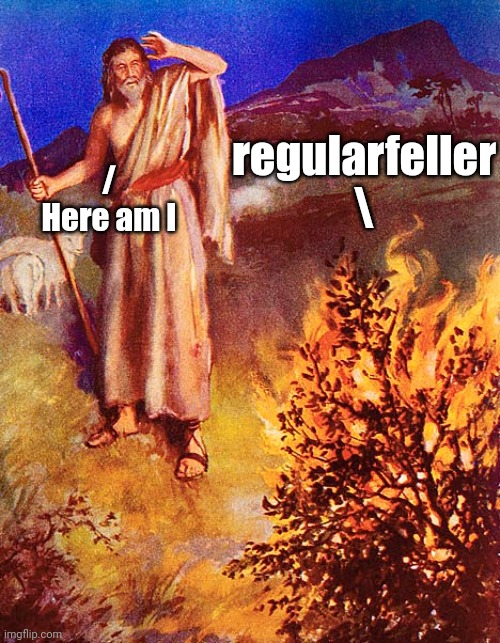 Moses Burning Bush | regularfeller
\ /
Here am I | image tagged in moses burning bush | made w/ Imgflip meme maker