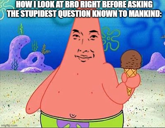 patwick | HOW I LOOK AT BRO RIGHT BEFORE ASKING THE STUPIDEST QUESTION KNOWN TO MANKIND: | image tagged in dank patrick | made w/ Imgflip meme maker