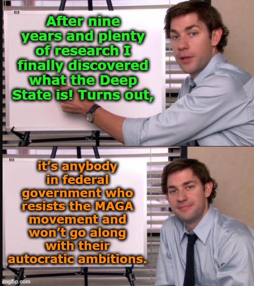 Deep State Revealed | After nine years and plenty of research I finally discovered what the Deep State is! Turns out, it’s anybody in federal government who resists the MAGA movement and won’t go along with their autocratic ambitions. | image tagged in deep state,maga,donald trump approves,president trump,right wing,fascists | made w/ Imgflip meme maker