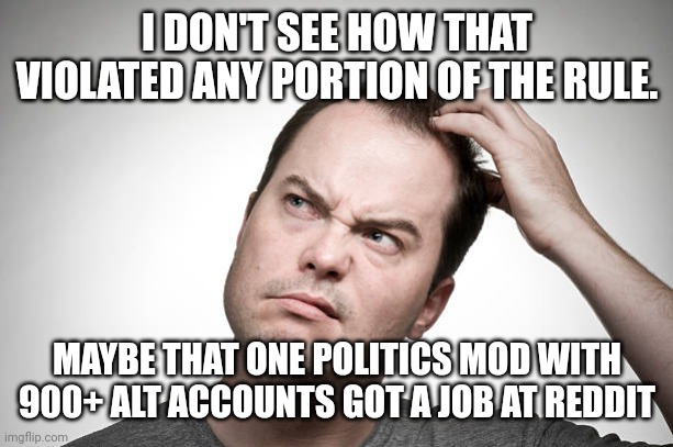 confused | I DON'T SEE HOW THAT VIOLATED ANY PORTION OF THE RULE. MAYBE THAT ONE POLITICS MOD WITH 900+ ALT ACCOUNTS GOT A JOB AT REDDIT | image tagged in confused | made w/ Imgflip meme maker