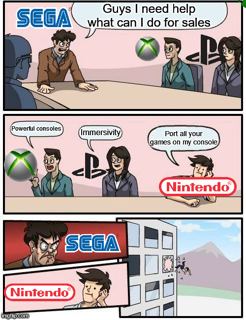 Boardroom Meeting Suggestion Meme | Guys I need help what can I do for sales; Powerful consoles; Immersivity; Port all your games on my console | image tagged in memes,boardroom meeting suggestion | made w/ Imgflip meme maker