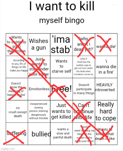 I want to kill myself bingo | image tagged in i want to kill myself bingo | made w/ Imgflip meme maker