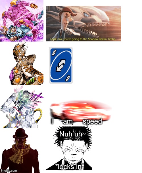 Some of the strongest stands oversimplified | I     am     speed; Nuh uh; *locks in* | image tagged in jojo's bizarre adventure | made w/ Imgflip meme maker