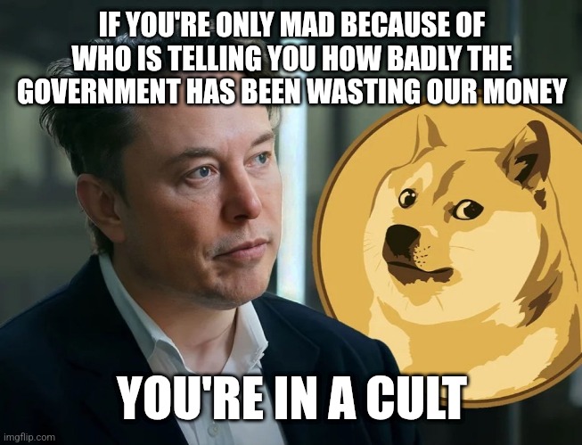 Fraud, waste, and abuse of our taxes  isn't acceptable | IF YOU'RE ONLY MAD BECAUSE OF WHO IS TELLING YOU HOW BADLY THE GOVERNMENT HAS BEEN WASTING OUR MONEY; YOU'RE IN A CULT | image tagged in doge,musk doge | made w/ Imgflip meme maker