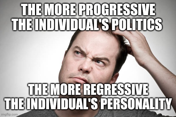 confused | THE MORE PROGRESSIVE THE INDIVIDUAL'S POLITICS THE MORE REGRESSIVE THE INDIVIDUAL'S PERSONALITY | image tagged in confused | made w/ Imgflip meme maker