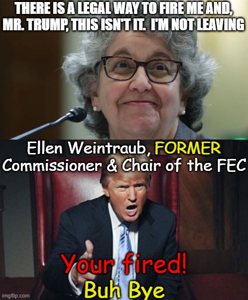 Just don't burn the government down on your way out the door, Milton. | THERE IS A LEGAL WAY TO FIRE ME AND, MR. TRUMP, THIS ISN'T IT.  I'M NOT LEAVING; FORMER; Ellen Weintraub, FORMER Commissioner & Chair of the FEC; Your fired! Buh Bye | image tagged in your fired,charge her with trespassing and insurrection | made w/ Imgflip meme maker