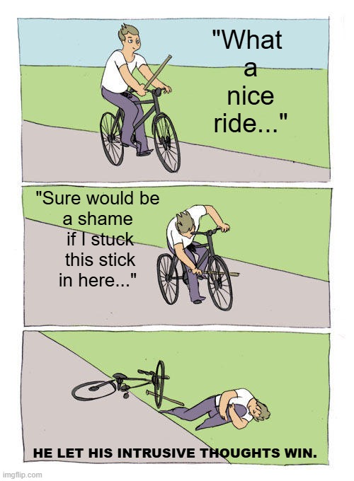 keep yourself in check LOL | "What 
a
nice
ride..."; "Sure would be
a shame
 if I stuck
 this stick
in here..."; HE LET HIS INTRUSIVE THOUGHTS WIN. | image tagged in memes,bike fall,intrusive thoughts | made w/ Imgflip meme maker