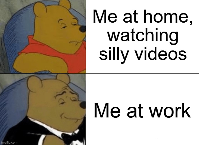 LOL | Me at home,
watching silly videos; Me at work | image tagged in memes,tuxedo winnie the pooh | made w/ Imgflip meme maker