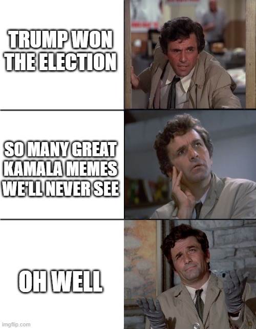 The Price To Pay | TRUMP WON THE ELECTION; SO MANY GREAT KAMALA MEMES WE'LL NEVER SEE; OH WELL | image tagged in happy sad happy | made w/ Imgflip meme maker