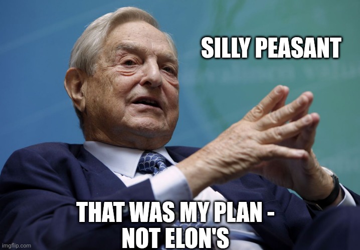 SILLY PEASANT THAT WAS MY PLAN -
NOT ELON'S | image tagged in george soros | made w/ Imgflip meme maker