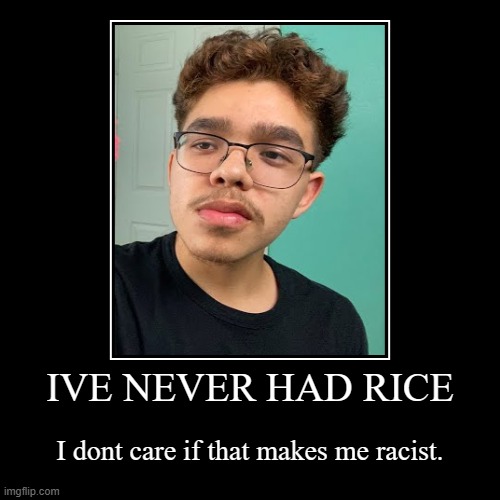 just the facts on here | IVE NEVER HAD RICE | I dont care if that makes me racist. | image tagged in funny,demotivationals | made w/ Imgflip demotivational maker