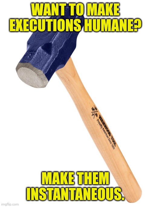 Instant death = humane death | WANT TO MAKE
EXECUTIONS HUMANE? MAKE THEM
INSTANTANEOUS. | image tagged in sledge hammer,executions,death penalty,blow to the head,killed instantly,capital punishment | made w/ Imgflip meme maker