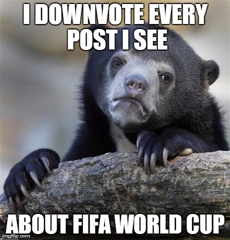 Confession Bear Meme | I DOWNVOTE EVERY POST I SEE ABOUT FIFA WORLD CUP | image tagged in memes,confession bear,AdviceAnimals | made w/ Imgflip meme maker