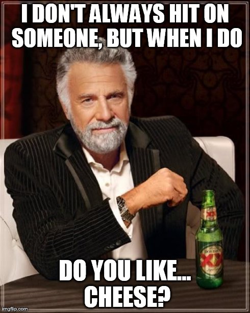 The Most Interesting Man In The World Meme | I DON'T ALWAYS HIT ON SOMEONE, BUT WHEN I DO DO YOU LIKE... CHEESE? | image tagged in memes,the most interesting man in the world | made w/ Imgflip meme maker