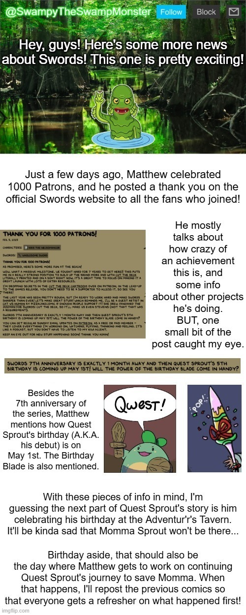 I'm really looking forward to what Matthew has in store for the series, once it reaches the 7th Anniversary! | image tagged in swampytheswampmonster announcement template | made w/ Imgflip meme maker