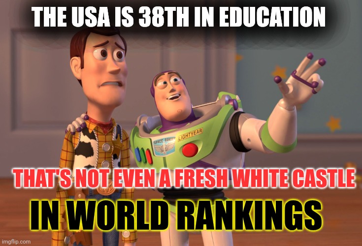 The Department of Education | THE USA IS 38TH IN EDUCATION; THAT'S NOT EVEN A FRESH WHITE CASTLE; IN WORLD RANKINGS | image tagged in memes,x x everywhere,downward,40 years | made w/ Imgflip meme maker